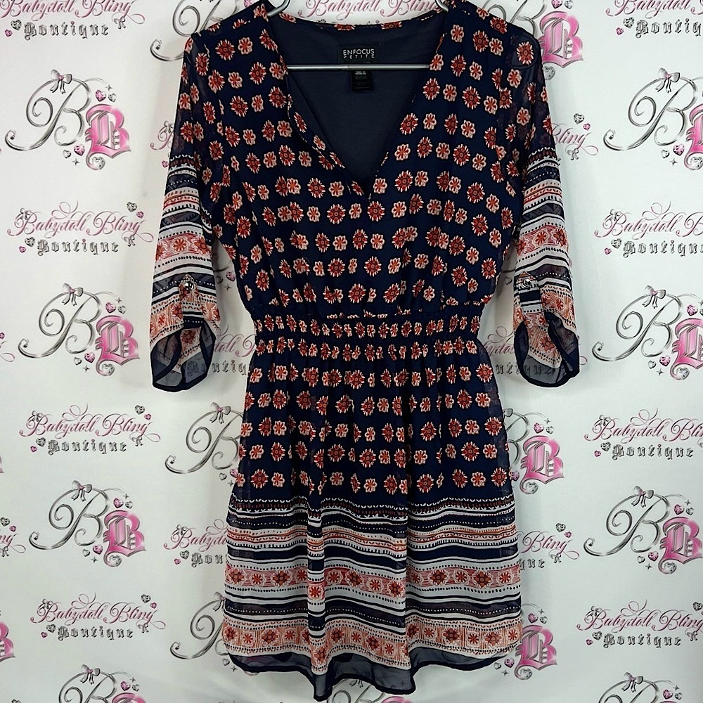 Enfocus Studio dress paisley style Navy Dress with Floral Accents orange red